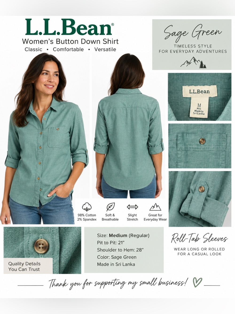 L.L.Bean Women’s Medium Sage Green Stretch Cotton Button Down Roll Tab Shirt